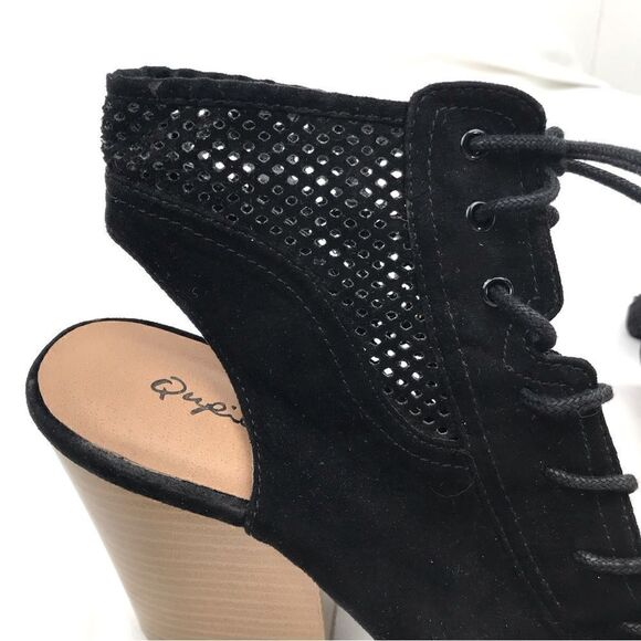 Qupid Perforated Black Faux Suede Open Toe Lace Up Cut Out Ankle Heels - Picture 7 of 15